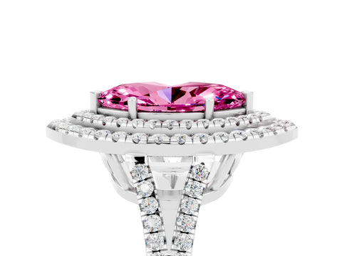 White gold Marquise Cut Pink Sapphire Double Halo Ring with Pavé Band and Prong Setting_17