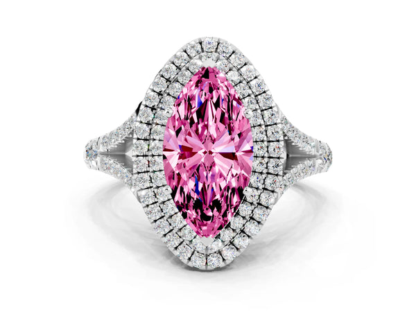 Silver Marquise Cut Pink Sapphire Double Halo Ring with Split Shank and Prong Setting