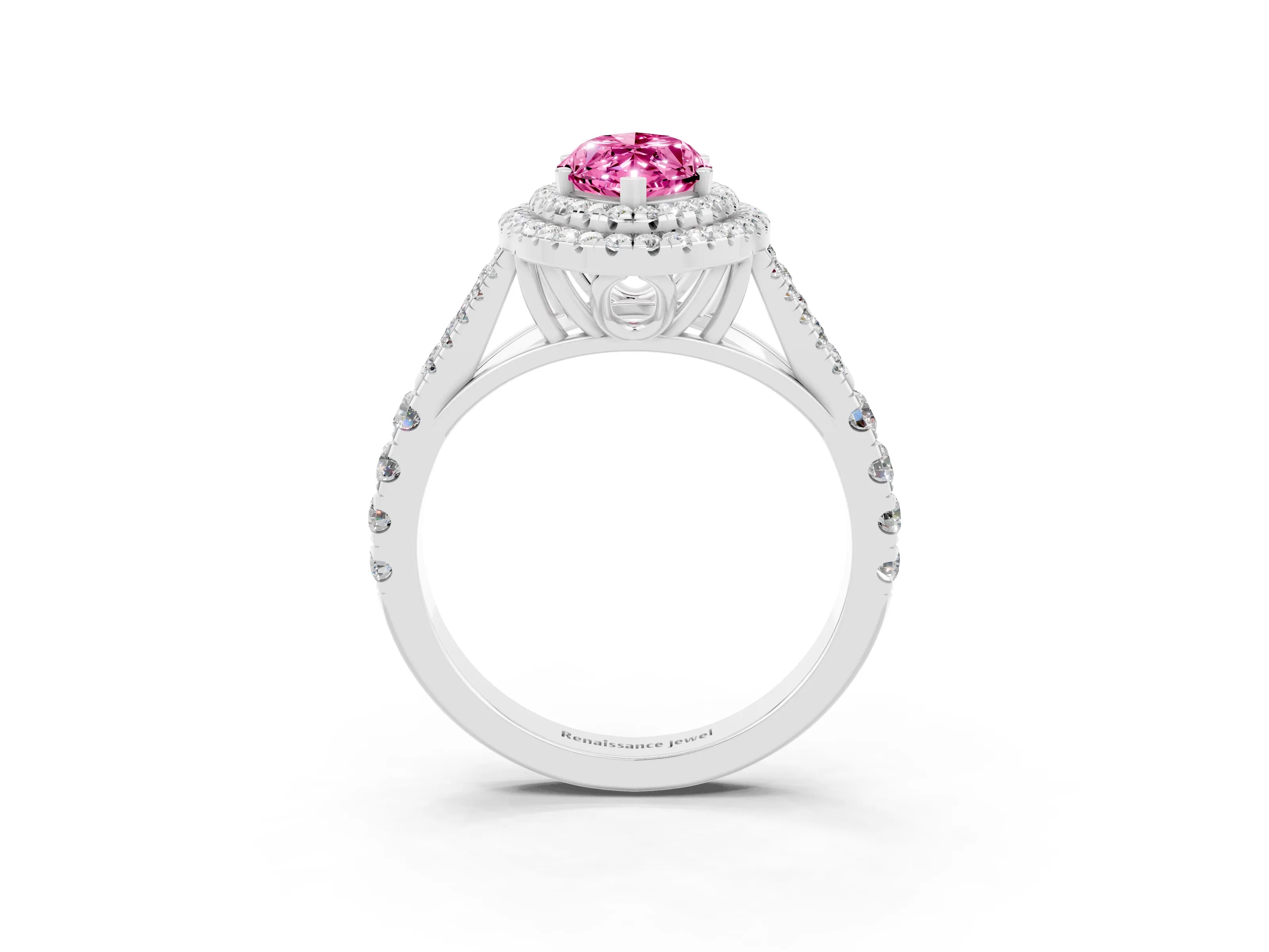 White gold Marquise Cut Pink Sapphire Double Halo Ring with Split Shank and Prong Setting_15