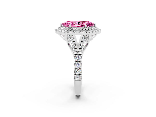 White gold Marquise Cut Pink Sapphire Double Halo Ring with Split Shank and Prong Setting