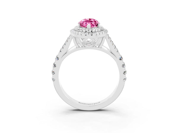 White gold Marquise Cut Pink Sapphire Double Halo Ring with Split Shank and Prong Setting