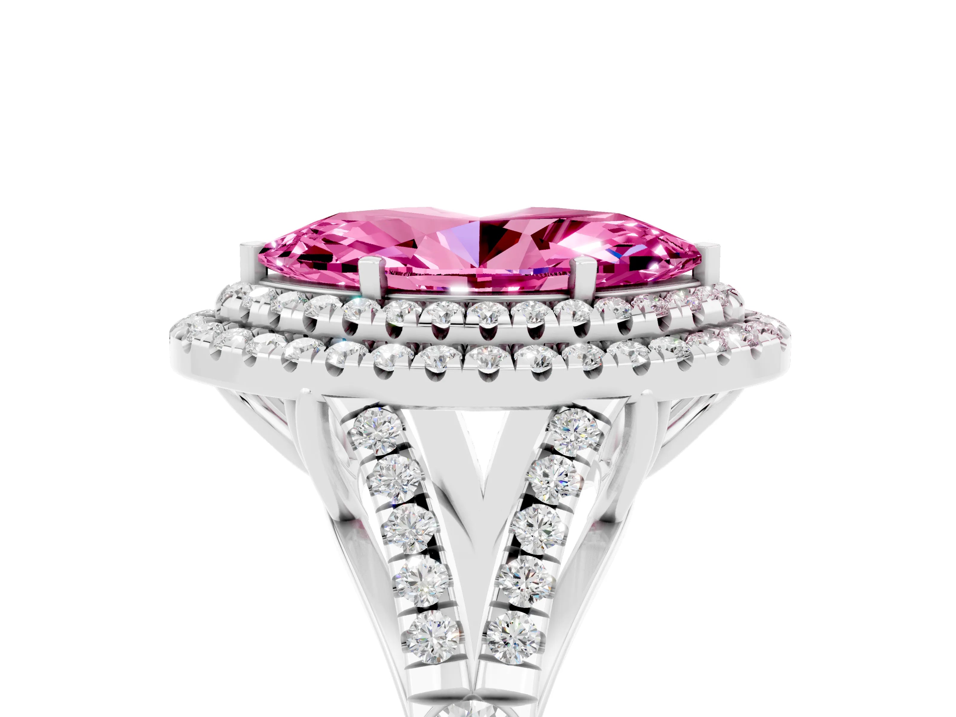 White gold Marquise Cut Pink Sapphire Double Halo Ring with Split Shank and Prong Setting_29