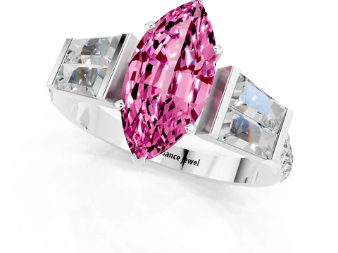 White gold Marquise Cut Pink Sapphire Engagement Ring with Baguette Side Stones and Channel Set Band_1