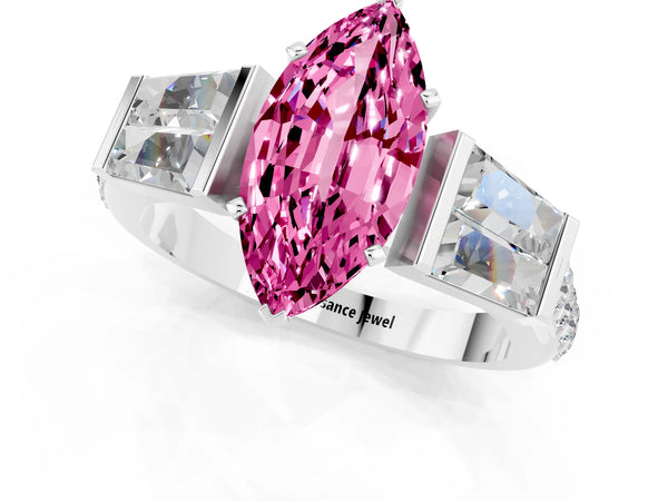 White gold Marquise Cut Pink Sapphire Engagement Ring with Baguette Side Stones and Channel Set Band