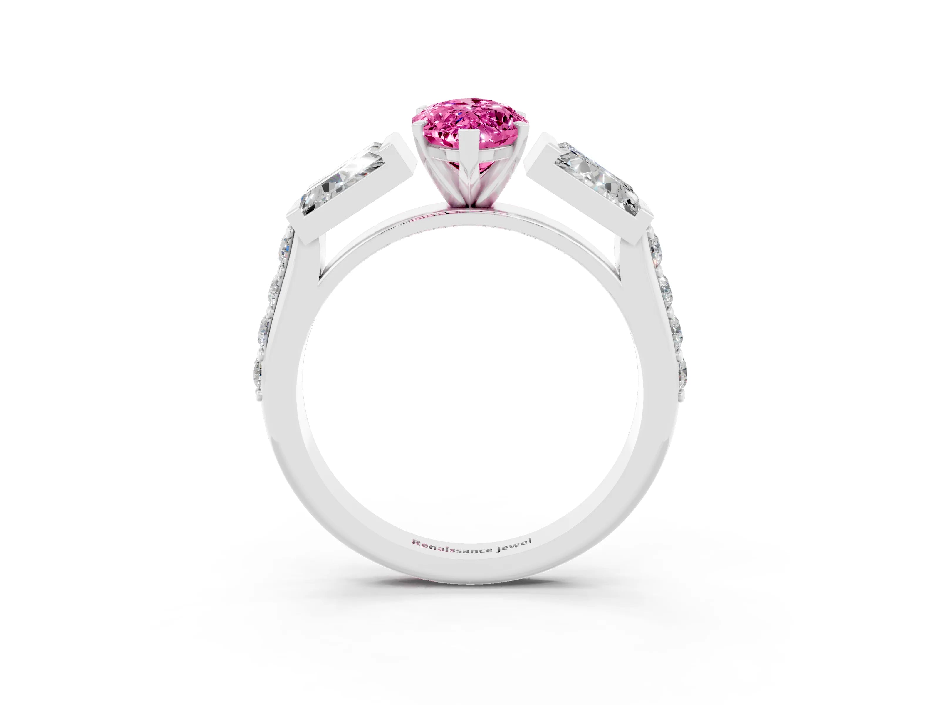 White gold Marquise Cut Pink Sapphire Engagement Ring with Baguette Side Stones and Channel Set Band_3