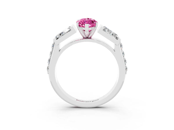 White gold Marquise Cut Pink Sapphire Engagement Ring with Baguette Side Stones and Channel Set Band