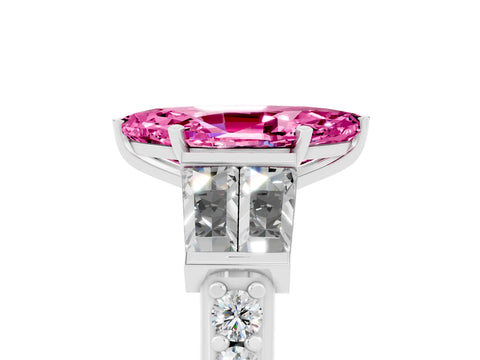 White gold Marquise Cut Pink Sapphire Engagement Ring with Baguette Side Stones and Channel Set Band_5