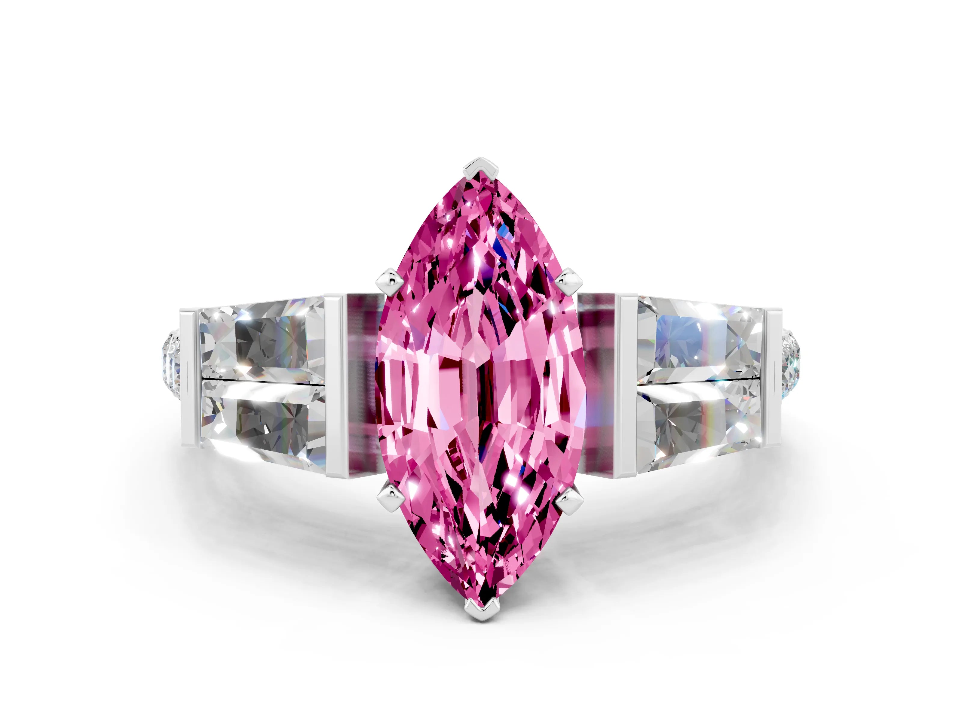 White gold Marquise Cut Pink Sapphire Engagement Ring with Baguette Side Stones and Channel Set Band