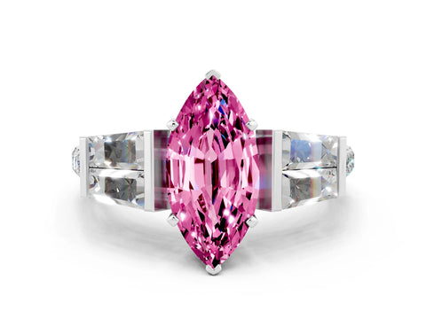 White gold Marquise Cut Pink Sapphire Engagement Ring with Baguette Side Stones and Channel Set Band