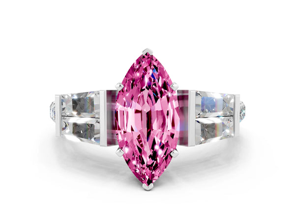 White gold Marquise Cut Pink Sapphire Engagement Ring with Baguette Side Stones and Channel Set Band