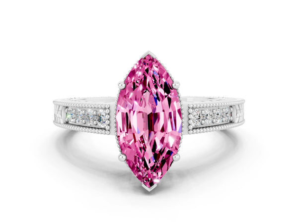 Platinum Marquise Cut Pink Sapphire Engagement Ring with Milgrain Channel Set Band and Prong Setting