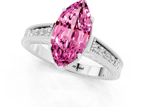White gold Marquise Cut Pink Sapphire Engagement Ring with Milgrain Channel Set Band and Prong Setting_25