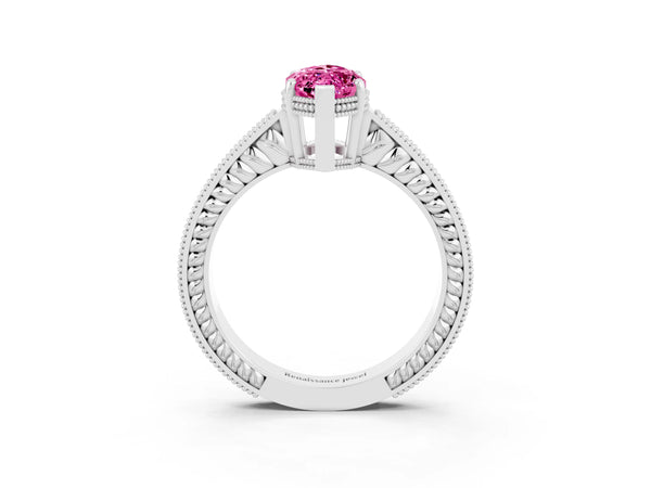 Platinum Marquise Cut Pink Sapphire Engagement Ring with Milgrain Channel Set Band and Prong Setting