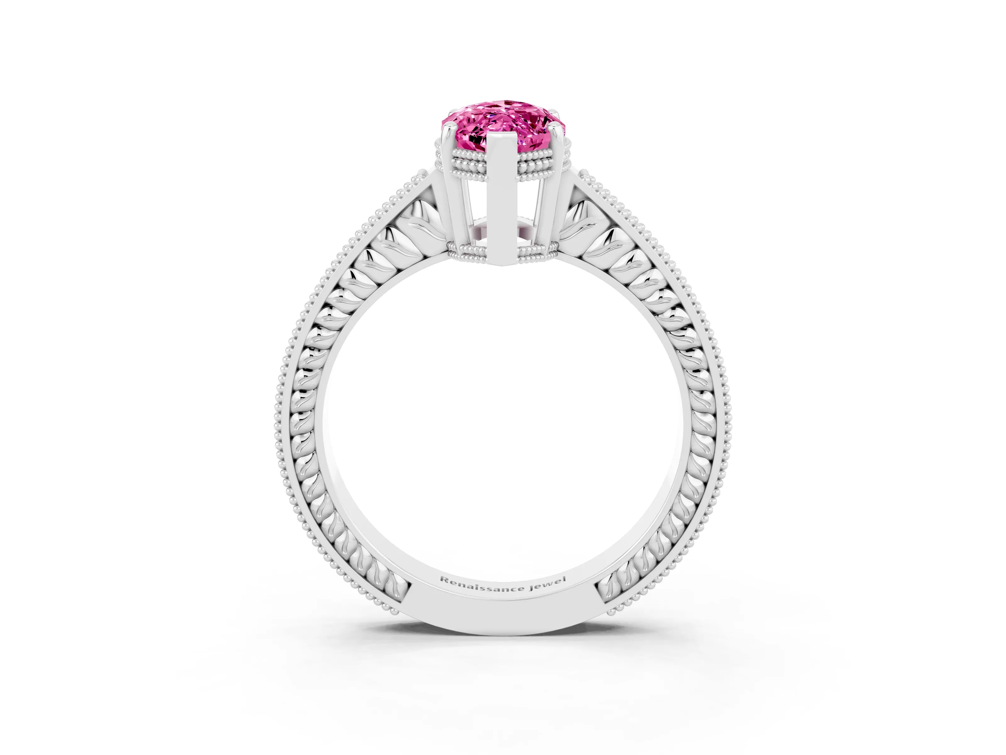 White gold Marquise Cut Pink Sapphire Engagement Ring with Milgrain Channel Set Band and Prong Setting_27