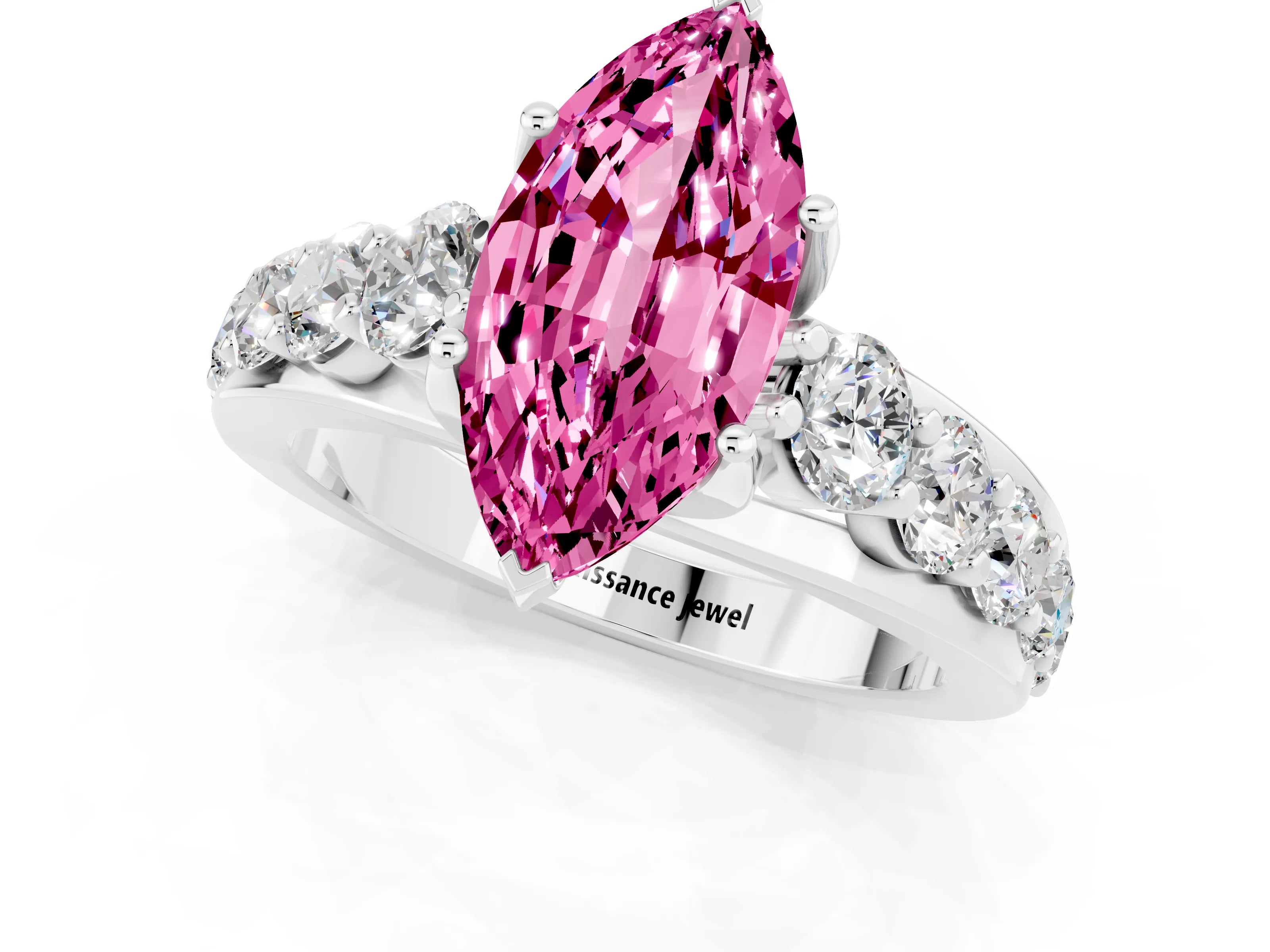 White gold Marquise Cut Pink Sapphire Engagement Ring with Pavé Band and Four-Prong Setting_1