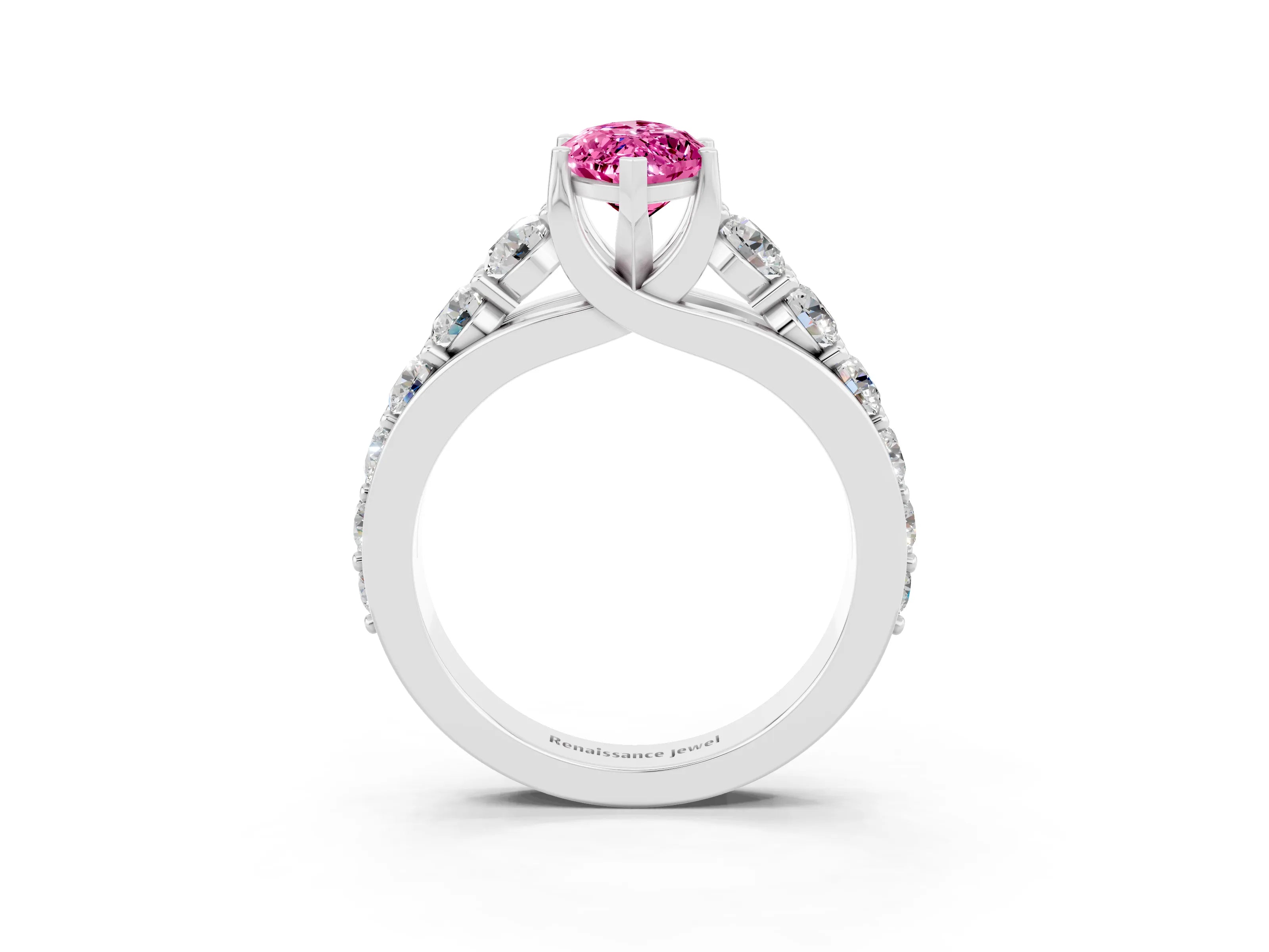 White gold Marquise Cut Pink Sapphire Engagement Ring with Pavé Band and Four-Prong Setting_3