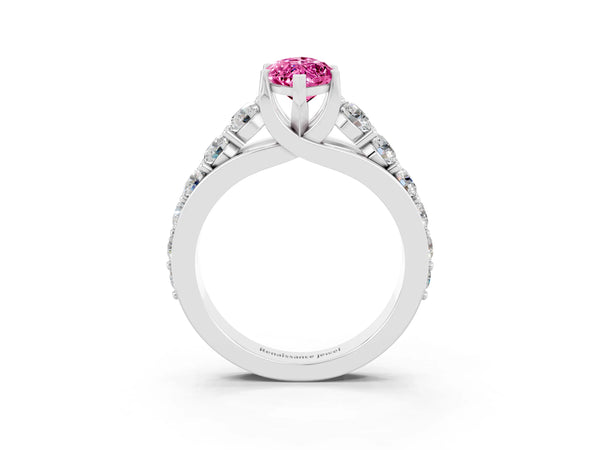 Silver Marquise Cut Pink Sapphire Engagement Ring with Pavé Band and Four-Prong Setting
