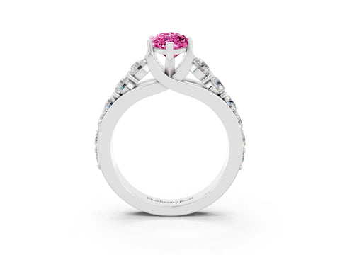 White gold Marquise Cut Pink Sapphire Engagement Ring with Pavé Band and Four-Prong Setting_3