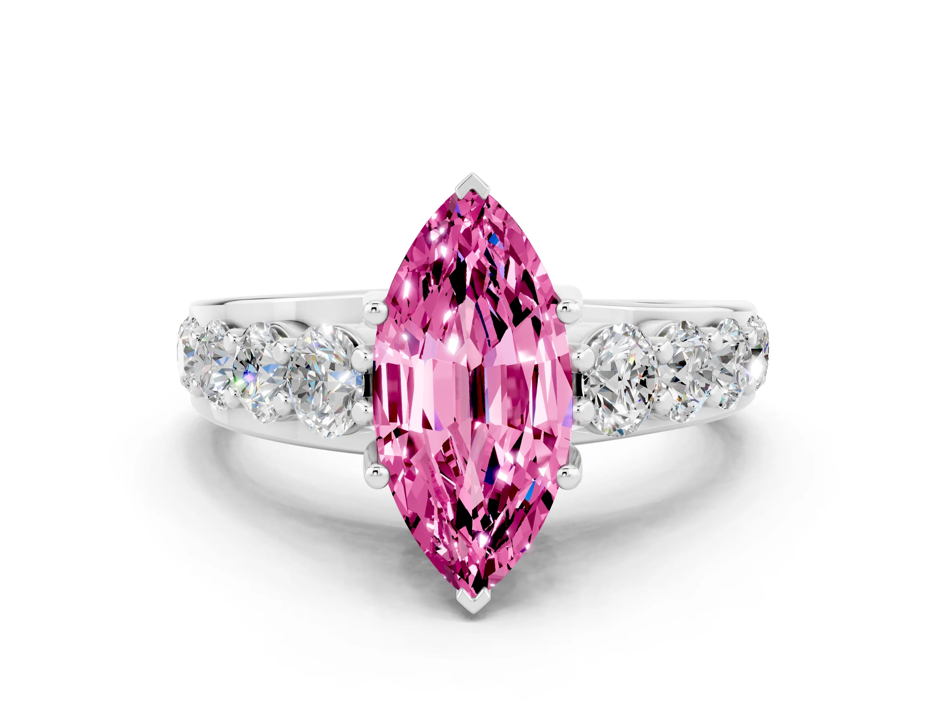 White gold Marquise Cut Pink Sapphire Engagement Ring with Pavé Band and Four-Prong Setting