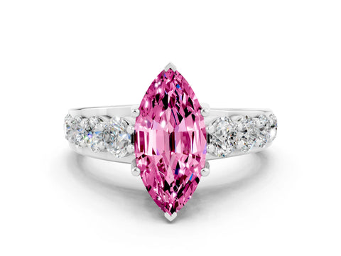 White gold Marquise Cut Pink Sapphire Engagement Ring with Pavé Band and Four-Prong Setting