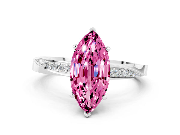 Platinum Marquise Cut Pink Sapphire Engagement Ring with Side Stone Accents and Four-Prong Setting