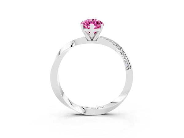 Silver Marquise Cut Pink Sapphire Engagement Ring with Side Stone Accents and Four-Prong Setting