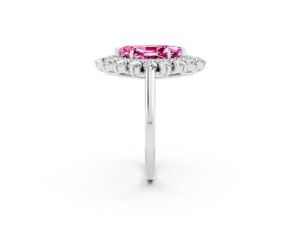 Sterling Silver Marquise Lab-Grown Pink Sapphire Floral Double Halo Engagement Ring with Plain Band