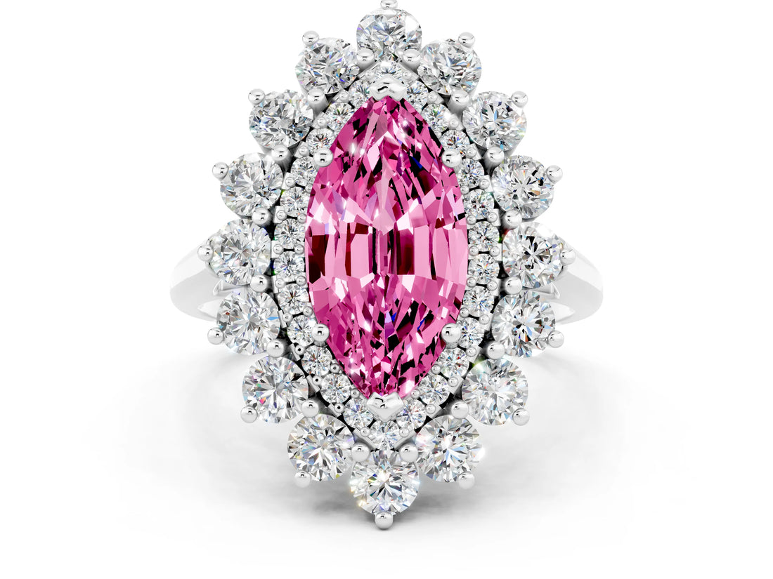 White gold Marquise Cut Pink Sapphire Floral Double Halo Engagement Ring with Prong Setting_84