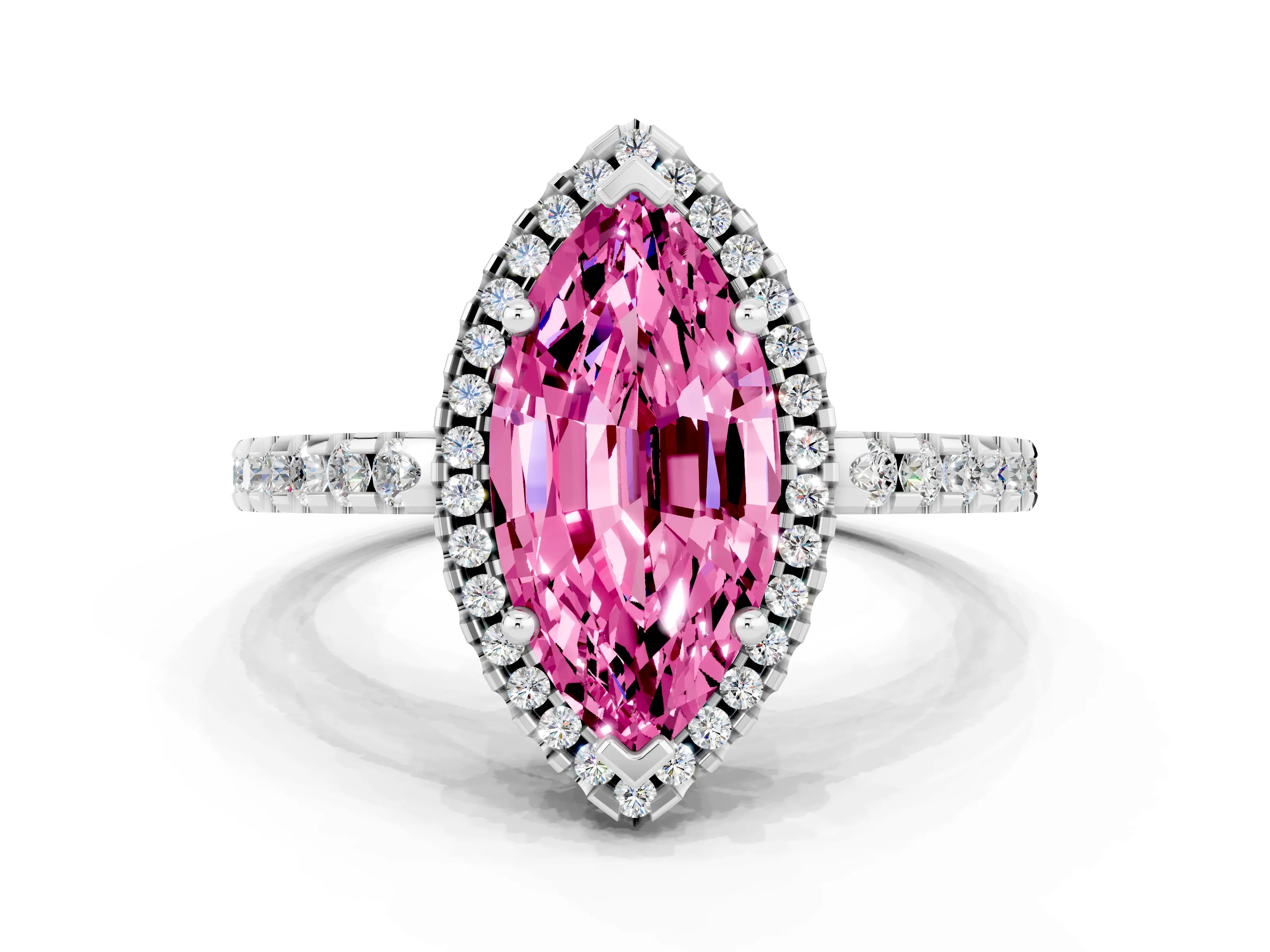 White gold Marquise Cut Pink Sapphire Halo Engagement Ring with Pavé Band and Prong Setting_12
