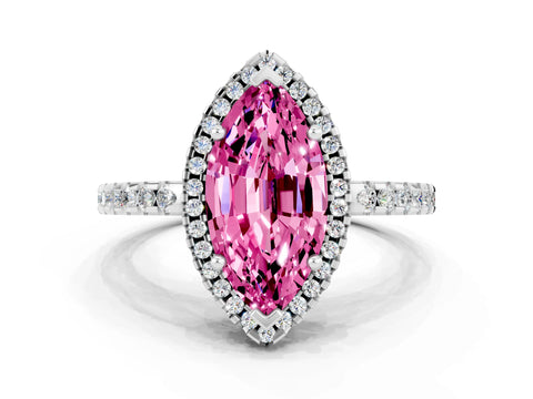White gold Marquise Cut Pink Sapphire Halo Engagement Ring with Pavé Band and Prong Setting_12