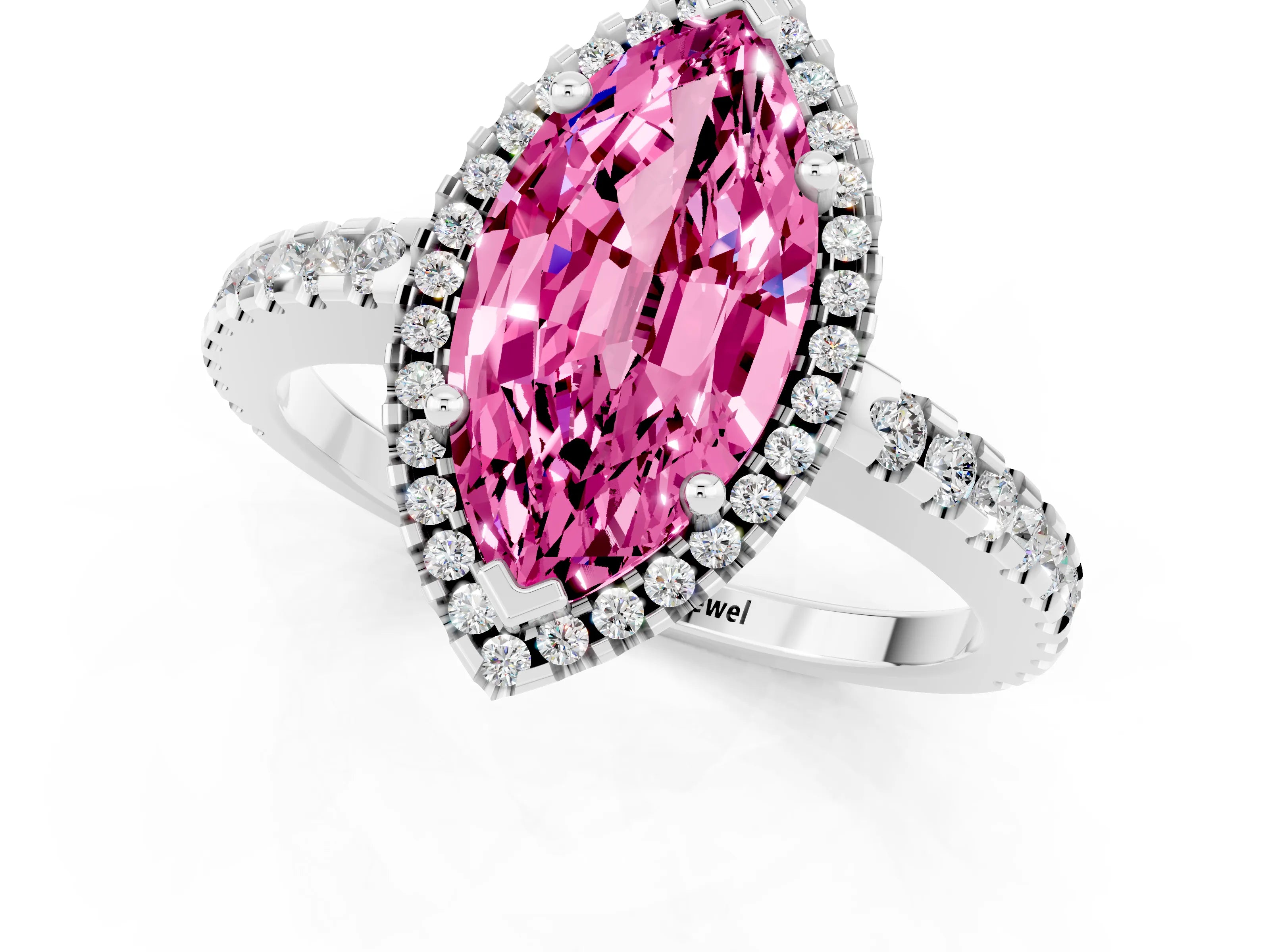 White gold Marquise Cut Pink Sapphire Halo Engagement Ring with Pavé Band and Prong Setting_13