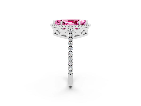 Platinum Marquise Cut Pink Sapphire Halo Engagement Ring with Pavé Band and Prong Setting