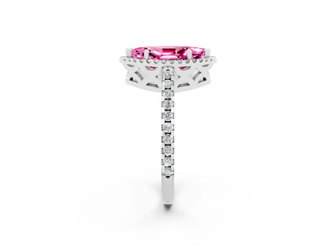 White gold Marquise Cut Pink Sapphire Halo Engagement Ring with Pavé Band and Prong Setting_14