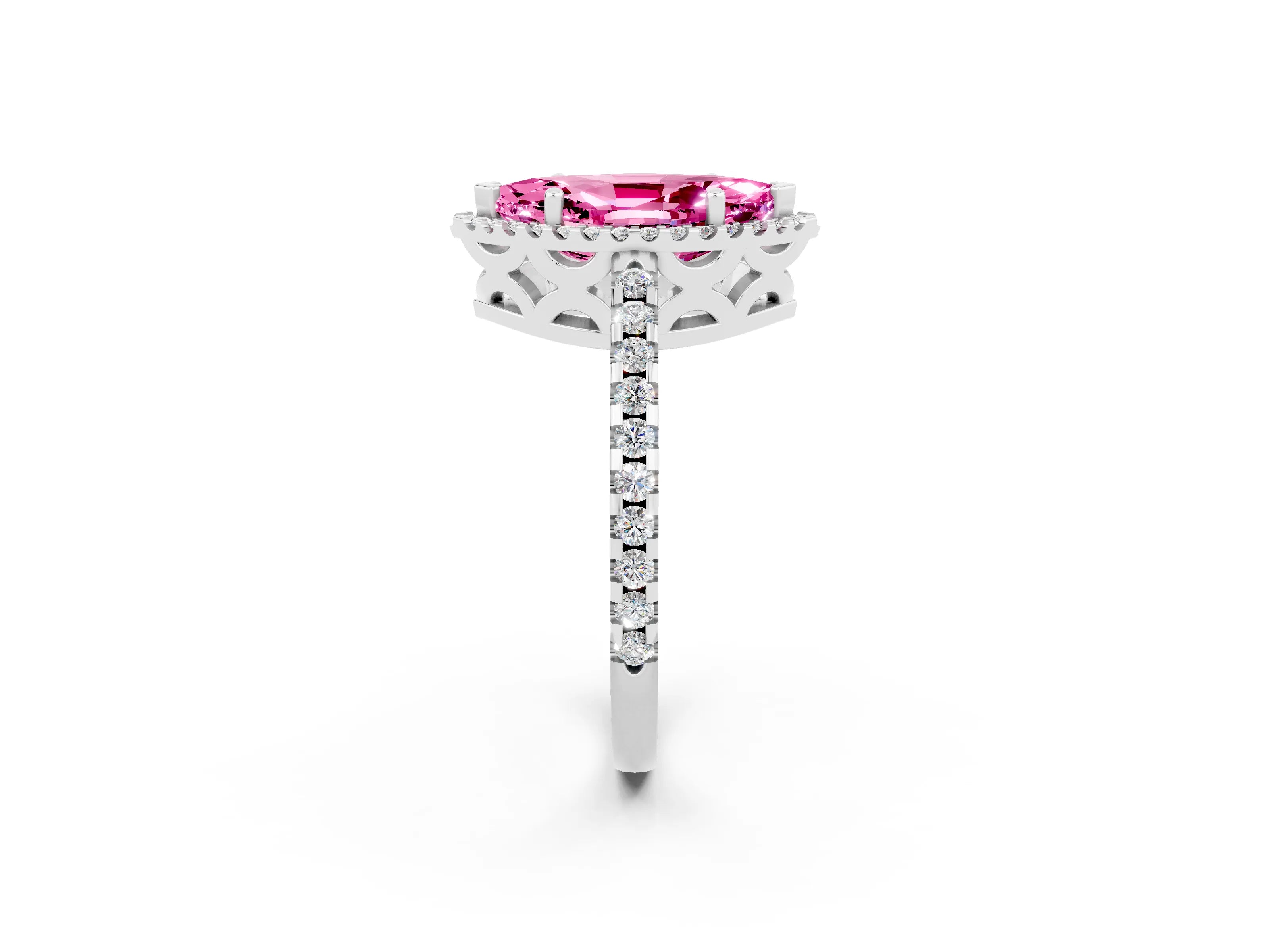 White gold Marquise Cut Pink Sapphire Halo Engagement Ring with Pavé Band and Prong Setting_14