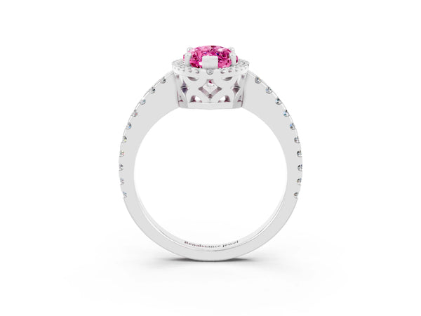 Platinum Marquise Cut Pink Sapphire Halo Engagement Ring with Pavé Band and Prong Setting