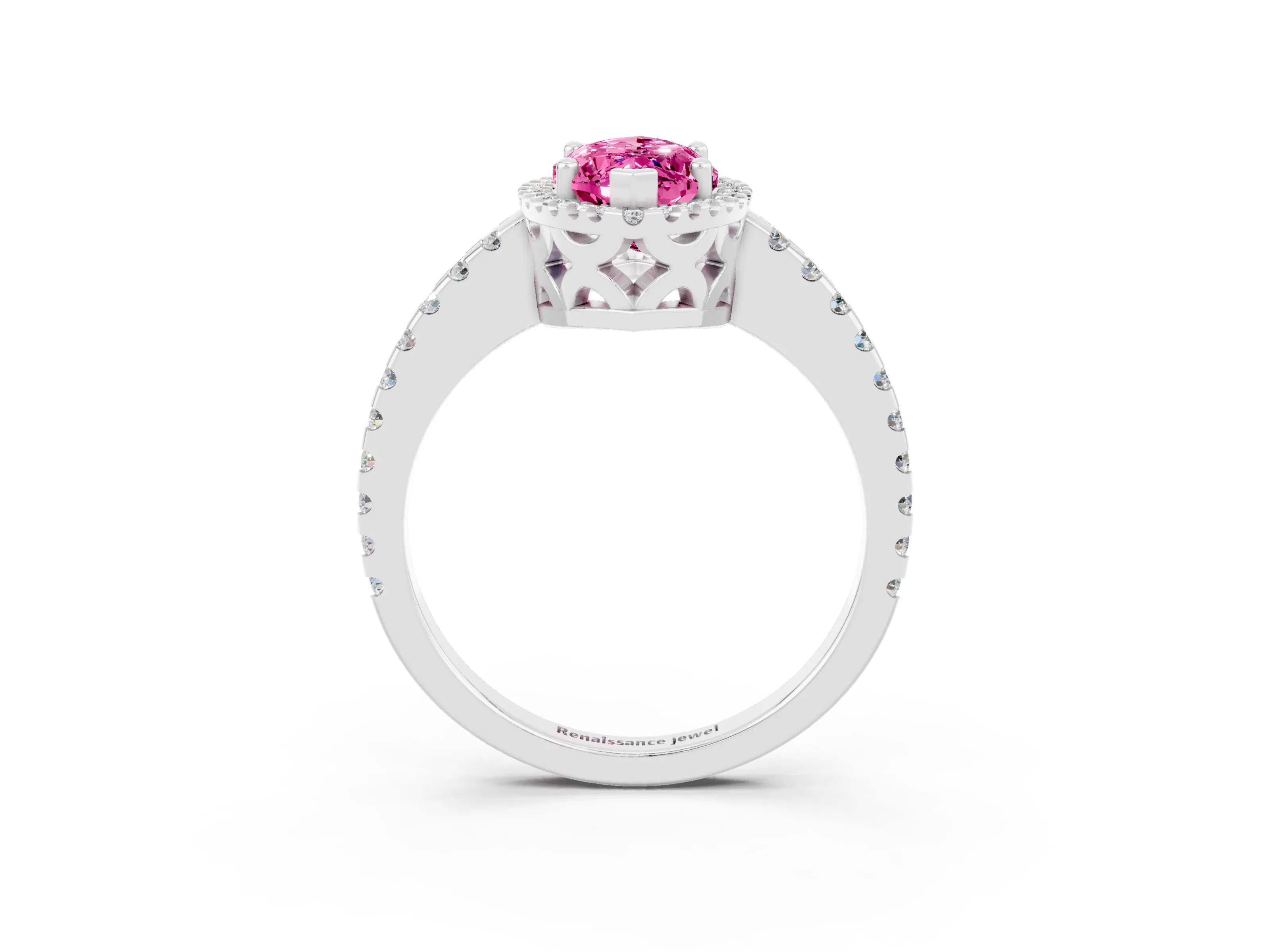 White gold Marquise Cut Pink Sapphire Halo Engagement Ring with Pavé Band and Prong Setting_15