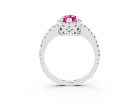 White gold Marquise Cut Pink Sapphire Halo Engagement Ring with Pavé Band and Prong Setting_15