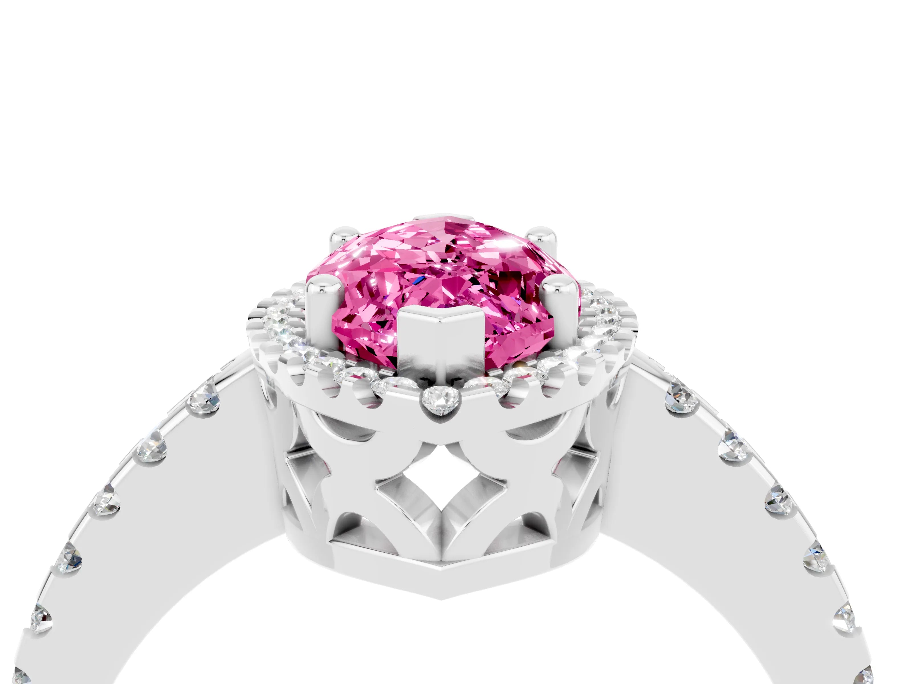 White gold Marquise Cut Pink Sapphire Halo Engagement Ring with Pavé Band and Prong Setting_16