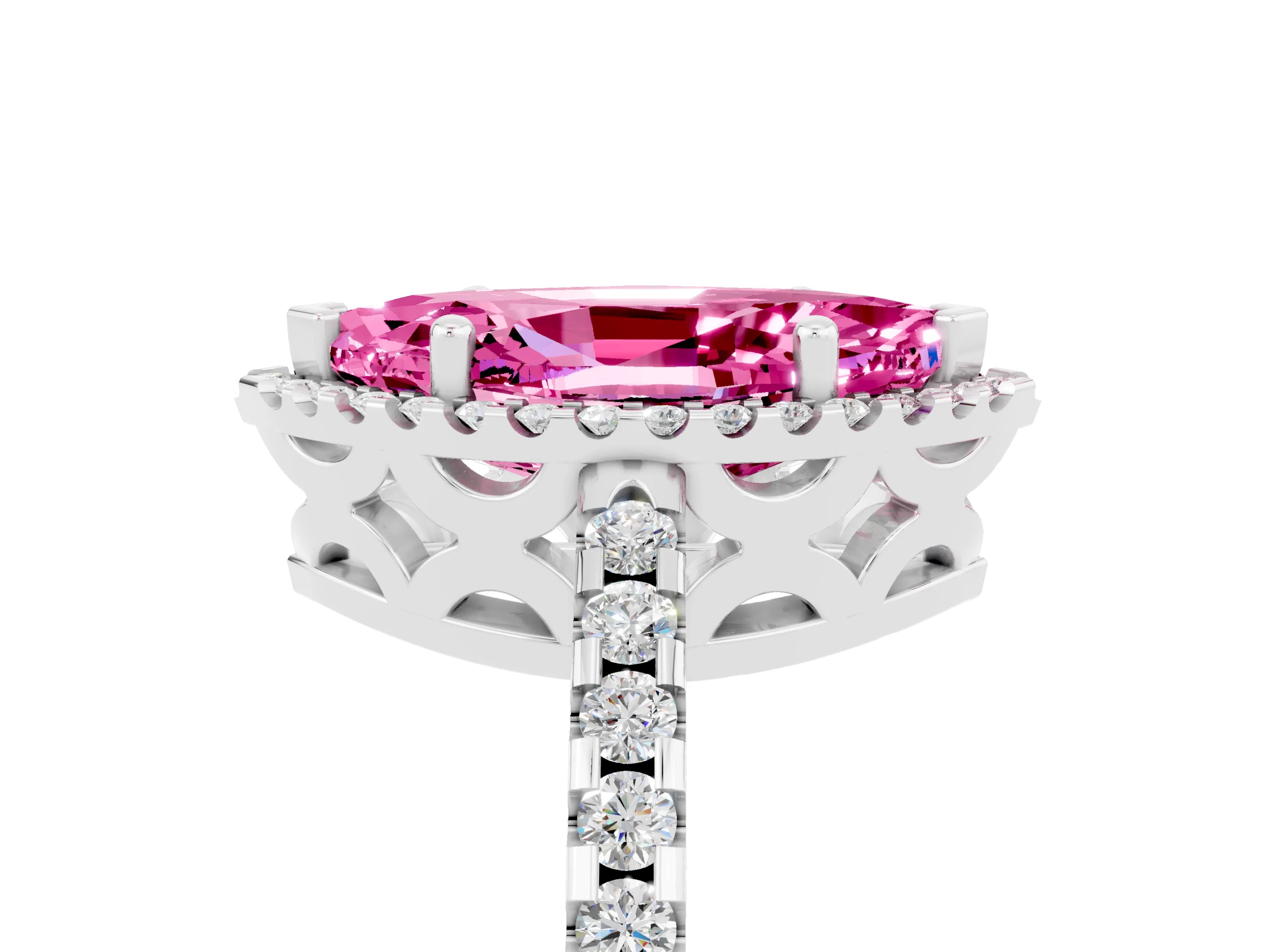 White gold Marquise Cut Pink Sapphire Halo Engagement Ring with Pavé Band and Prong Setting_17