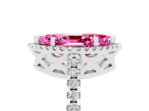 White gold Marquise Cut Pink Sapphire Halo Engagement Ring with Pavé Band and Prong Setting_17