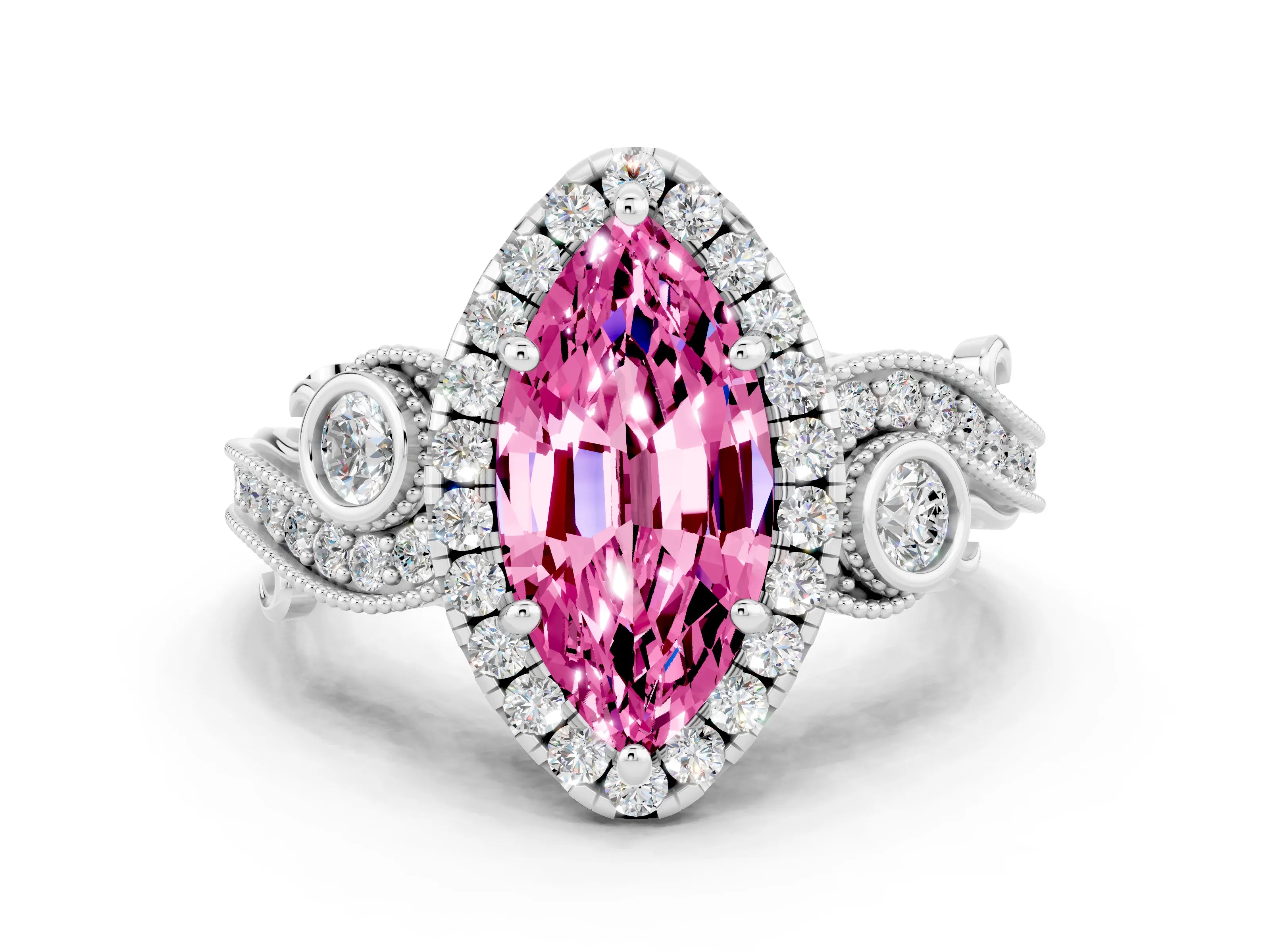 White gold Marquise Cut Pink Sapphire Halo Ring with Milgrain Pavé Band and Four-Prong Setting_12