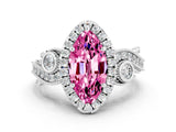 Platinum 2.96 Carat Marquise Pink Sapphire Halo Ring with Milgrain Pavé Band and Four-Prong Setting