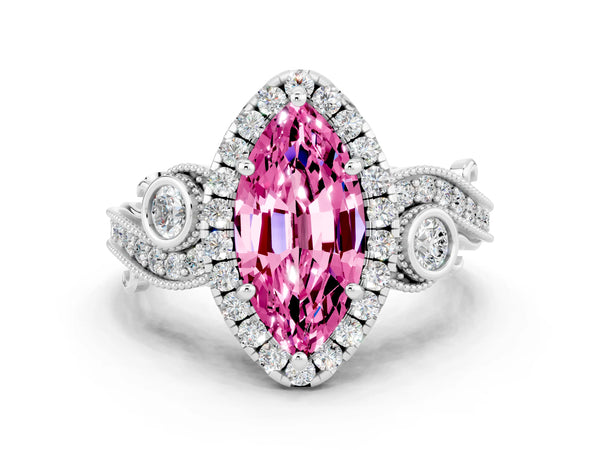 White gold Marquise Cut Pink Sapphire Halo Ring with Milgrain Pavé Band and Four-Prong Setting