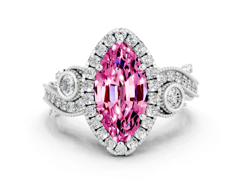 White gold Marquise Cut Pink Sapphire Halo Ring with Milgrain Pavé Band and Four-Prong Setting_12