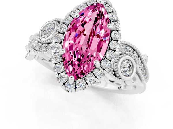 Silver Marquise Cut Pink Sapphire Halo Ring with Milgrain Pavé Band and Four-Prong Setting