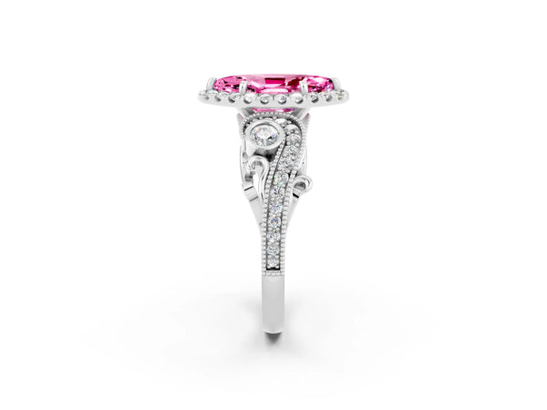 Silver Marquise Cut Pink Sapphire Halo Ring with Milgrain Pavé Band and Four-Prong Setting