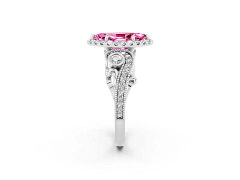 White gold Marquise Cut Pink Sapphire Halo Ring with Milgrain Pavé Band and Four-Prong Setting_14