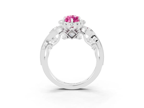 Platinum Marquise Cut Pink Sapphire Halo Ring with Milgrain Pavé Band and Four-Prong Setting