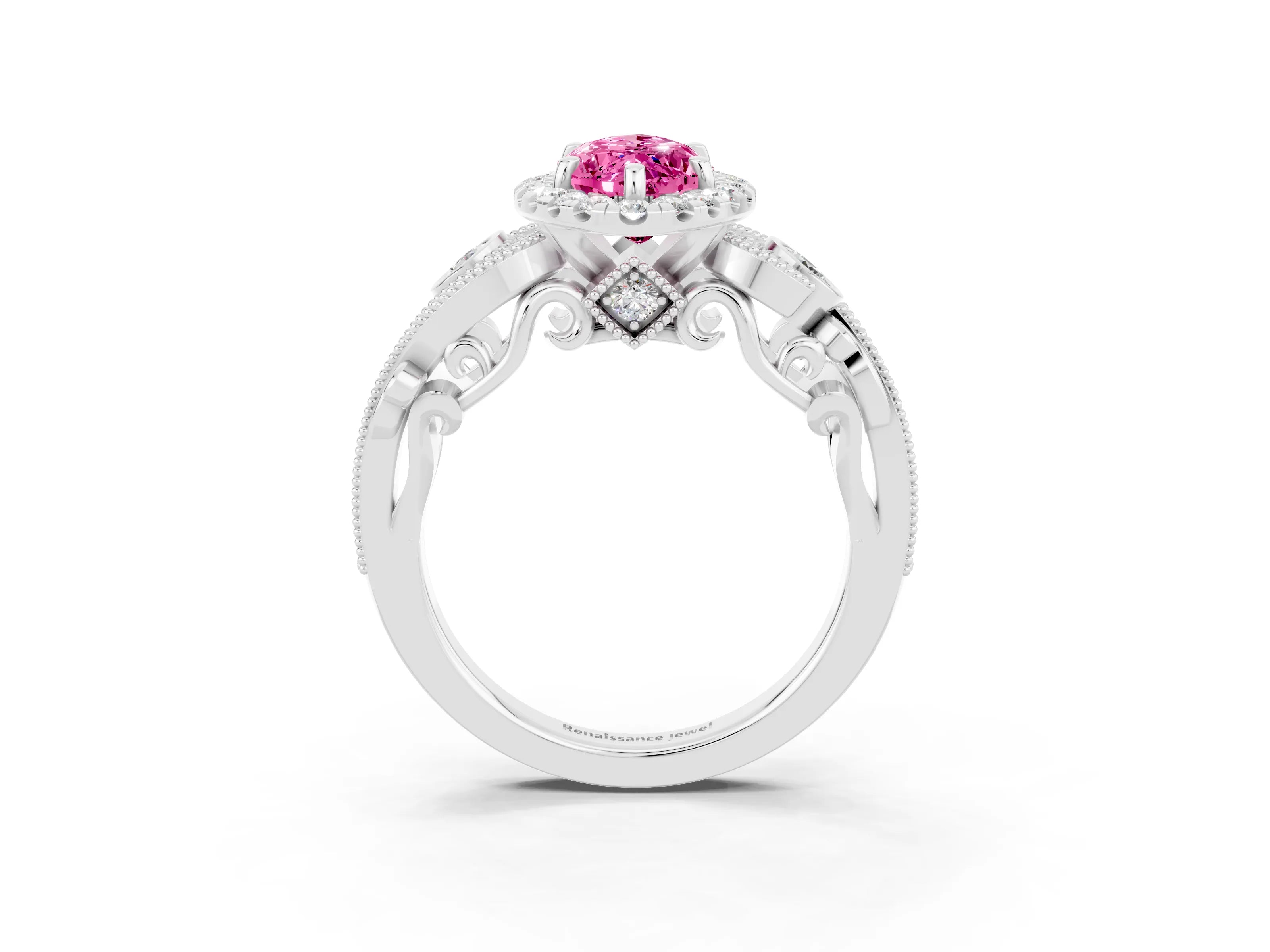 White gold Marquise Cut Pink Sapphire Halo Ring with Milgrain Pavé Band and Four-Prong Setting_15