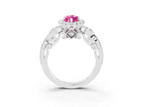 Platinum 2.96 Carat Marquise Pink Sapphire Halo Ring with Milgrain Pavé Band and Four-Prong Setting
